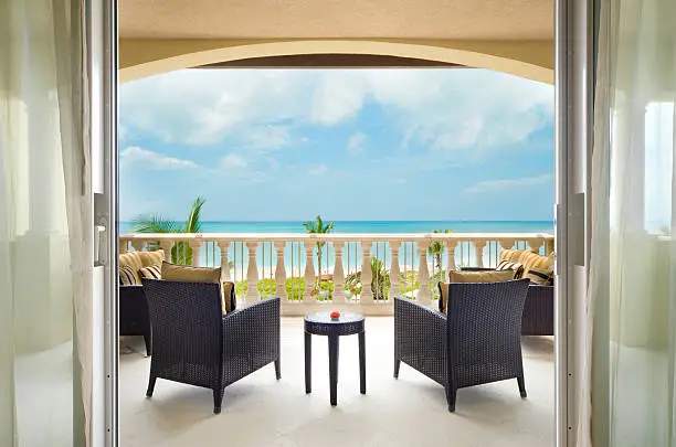 Luxurious veranda with a view of the Caribbean Ocean.