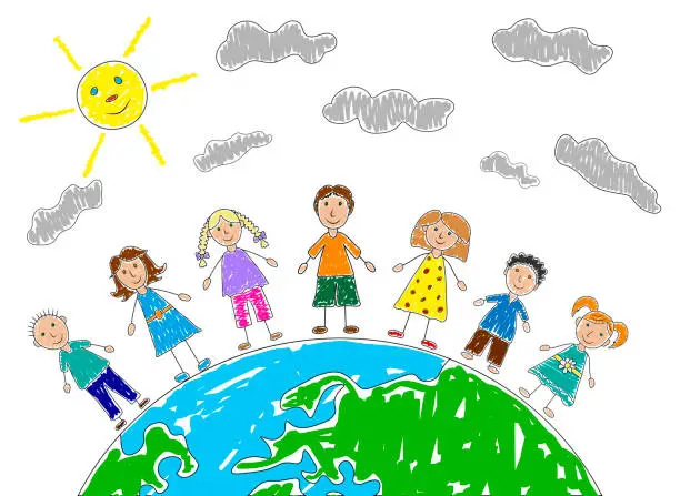Vector illustration of Group of happy kids on planet earth, hand drawn style. Color preschool children. Childhood and friendship. Vector illustration