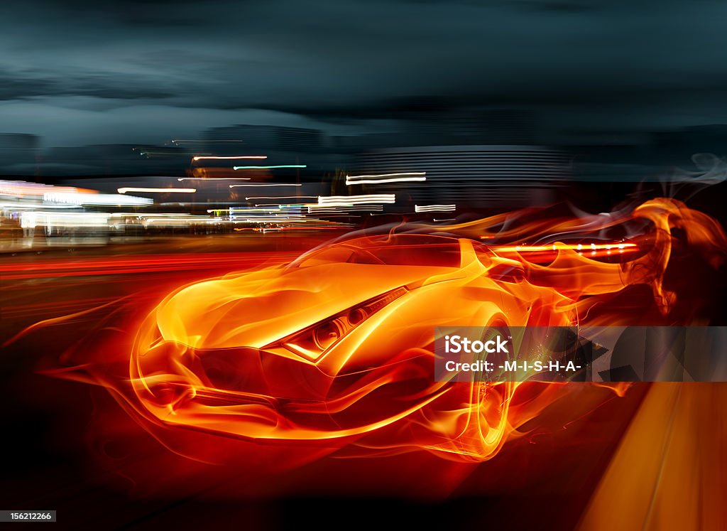 Illustration in flames of sports car at night Race on the night streets Car Stock Photo