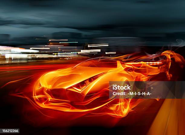 Illustration In Flames Of Sports Car At Night Stock Photo - Download Image Now - Car, Sports Race, Sparks