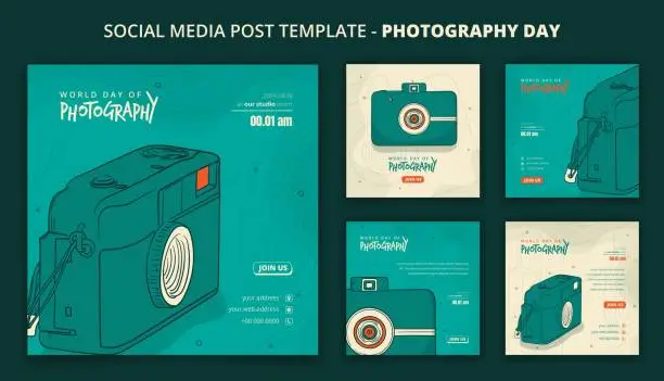 Vector illustration of Green social media post template with pocket camera vector illustration for photography day campaign