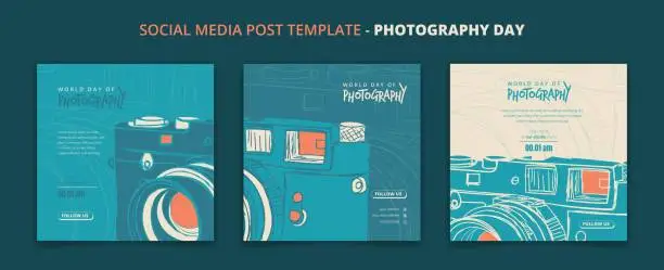Vector illustration of Set of social media post template with flat camera vector illustration for photography day campaign