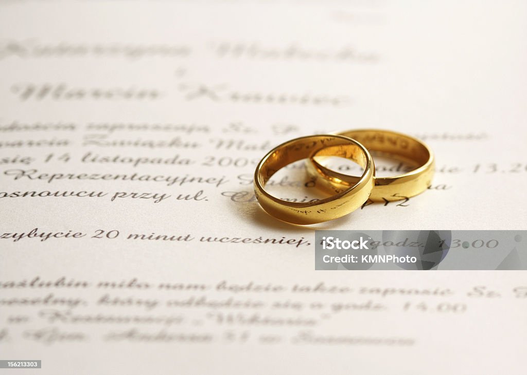 wedding invitation Elegant wedding invitation: gold wedding rings Celebration Stock Photo