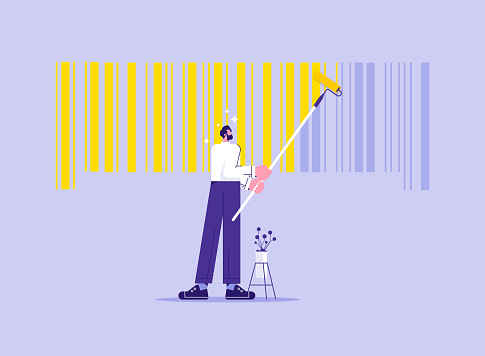 Businessman painting barcode, concept of rebranding as marketing strategy, change of brand identity corporate image, trademark, flat vector illustration