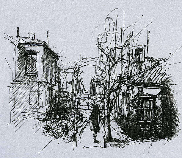 istock Black and white sketch of an old city 156217414
