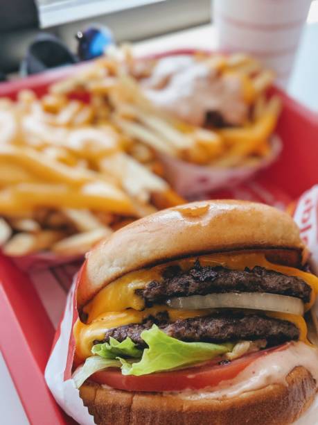 double cheeseburger, fries, combo meal red and white fast food restaurant