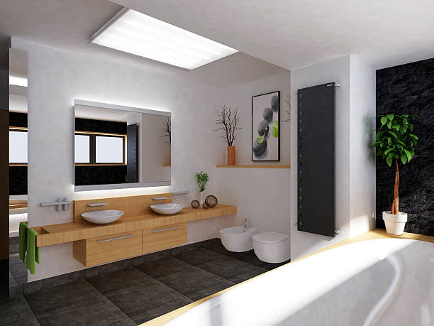 A modern bathroom with wooden countertops stock photo