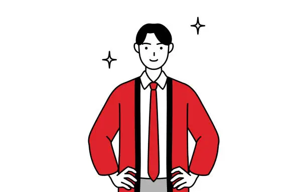 Vector illustration of Man wearing a red happi coat with his hands on his hips.