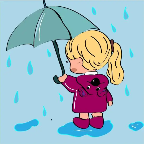 Vector illustration of cartoon illustration of a little girl with umbrella standing in a rain