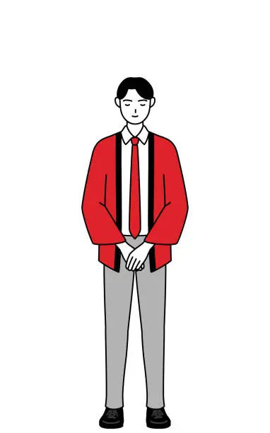 Vector illustration of Man wearing a red happi coat bowing with folded hands.