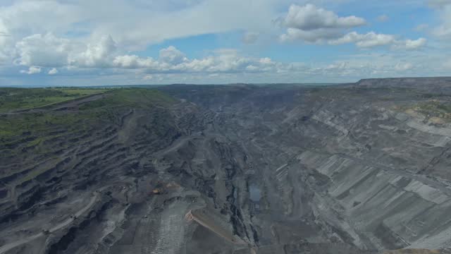 Panoramic drone view of open pit mine coal mining.