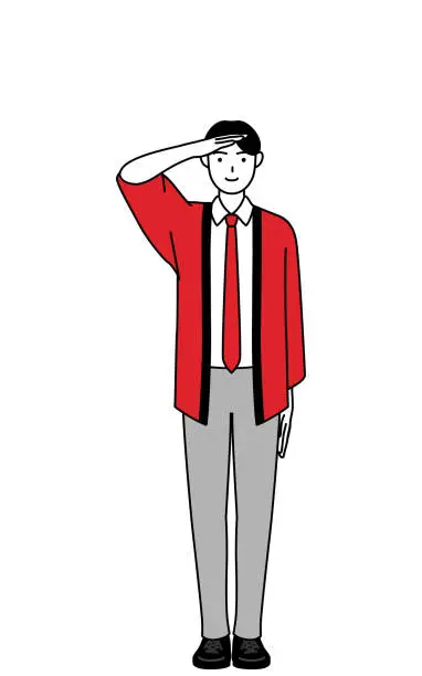 Vector illustration of Man wearing a red happi coat making a salute.