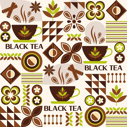 Tea themed pattern with icons, design elements in simple geometric style. Seamless background with abstract shapes. Good for branding, decoration of food package, cover design, textile kitchen prints