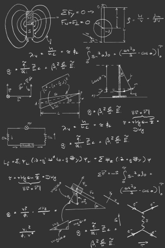 Physics diagrams and formulas chalk handwriting on blackboard