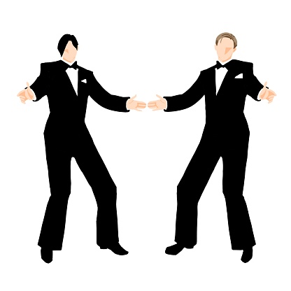 Two men in tuxedos are welcome.