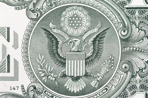 Macro shot of the seal of the United States on the US  dollar