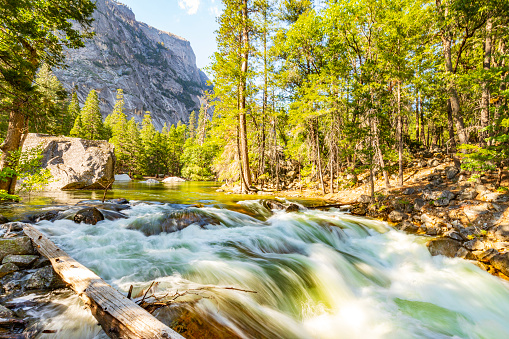 Powerful flowing river rapids in nature. Yosemite Valley National Park during peak snowmelt 2023, California, USA.