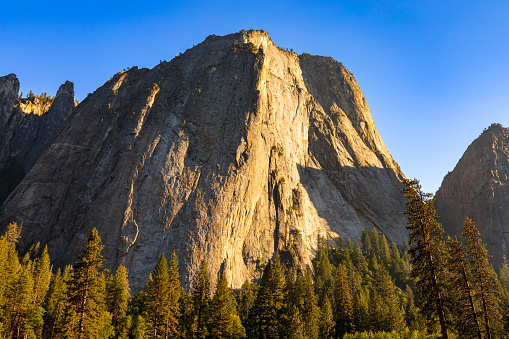 Close up details of large rock formations and granite walls in Yosemite National Park, California, USA.