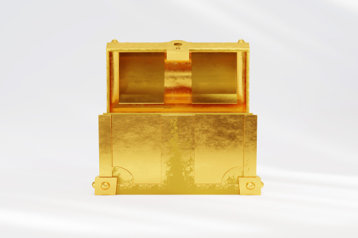 3D Illustration , Chest golden icon on white background . Open treasure box coffer concept.