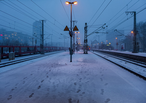 STUTTGART,GERMANY - JANUARY 09,2019(late afternoon):Vaihingen This is the train station of the district on a cold winter day with a lot of snow.