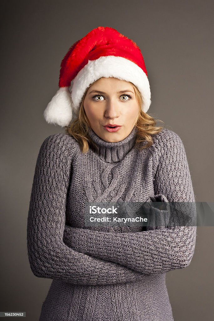 Santa an Weihnachten Frau in Pullover Isoliert - Lizenzfrei Arme verschränkt Stock-Foto