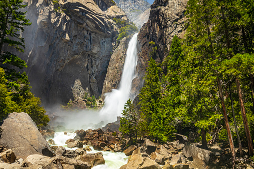 Close up of lower Yosemite Falls during peak flow season, Yosemite Valley, National Park, California, USA.