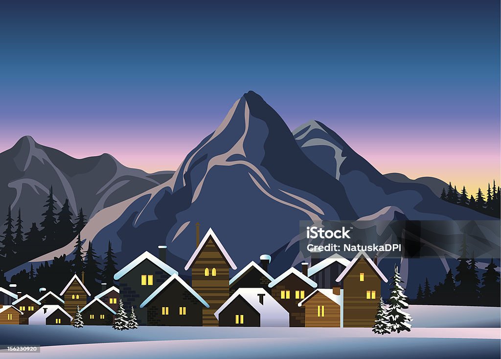 Inverno neve paesaggio con case e montagne - arte vettoriale royalty-free di Ambientazione esterna