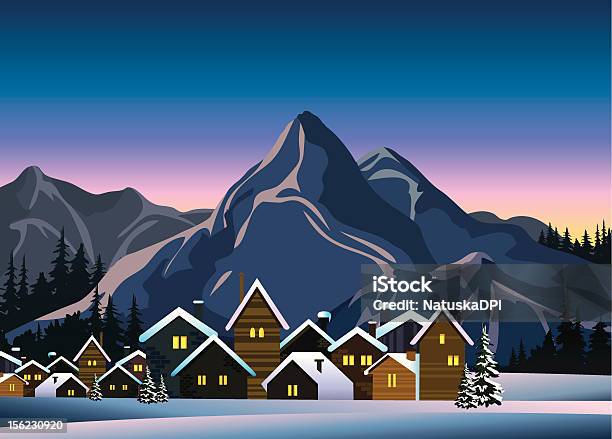 Inverno Neve Paesaggio Con Case E Montagne - Immagini vettoriali stock e altre immagini di Ambientazione esterna - Ambientazione esterna, Blu, Brina - Acqua ghiacciata