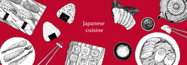 ilustraciones, imágenes clip art, dibujos animados e iconos de stock de menú de restaurante japonés. - sashimi