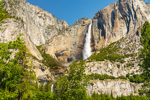 Yosemite Falls peak flow from snowmelt on a sunny summer day in 2023, Yosemite Valley, National Park, California, USA.