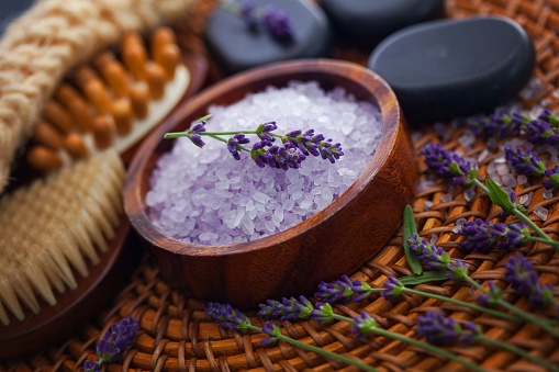 lavender bath salt with fresh flowers - beauty treatment