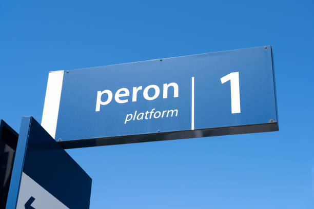 istock Blue railway station sign in Poland. Train platform number information plate. 1562356160