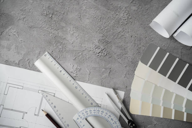 Interior design concept with copy space. Color scheme palette guide catalog with colour swatches, blueprints and accessories for architect.