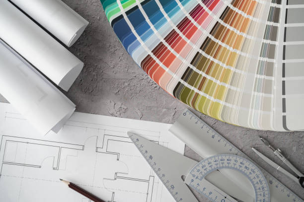 istock Interior design concept. Color scheme palette guide catalog with colour swatches, blueprints and accessories for architect. 1562361879