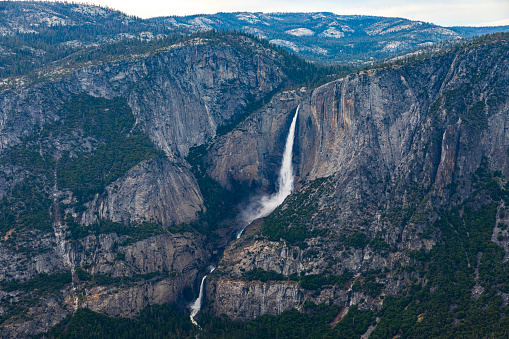 Yosemite Falls viewed from Glacier Point, Yosemite Valley, National Park, California, USA. Viewed from Four Mile Trail.