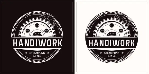 Vector illustration of Monochrome vintage label with gear wheels and text