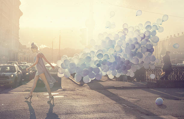 walk with lightness - kvinna ballonger bildbanksfoton och bilder