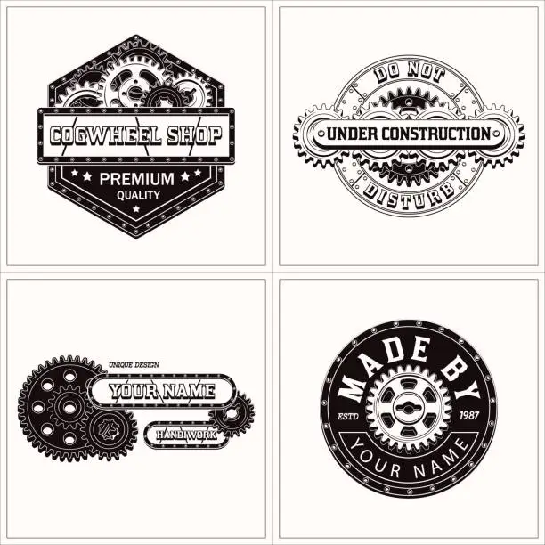 Vector illustration of Set of black and white labels with gears, text