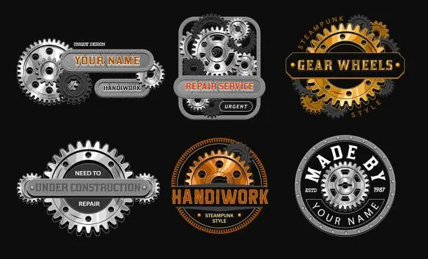 Vector illustration of Set of color vintage labels with gears, text