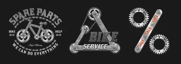 Vector illustration of Set of gray labels for repair bicycle service