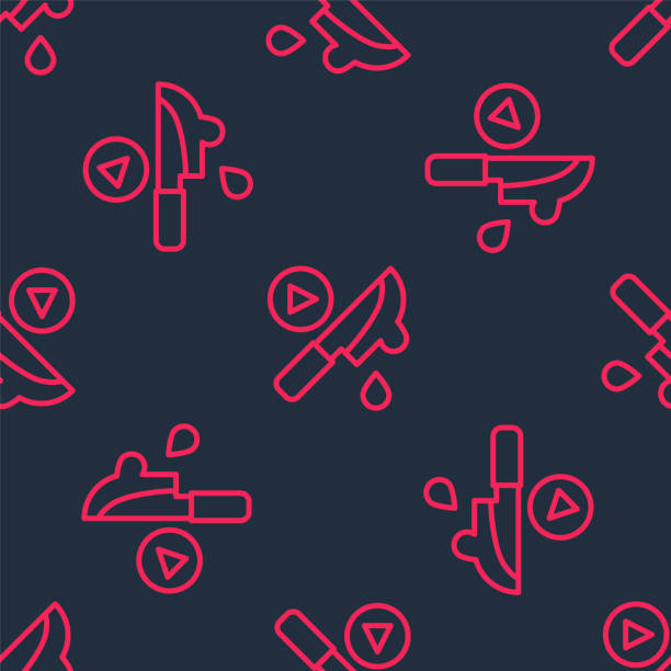 Red line Thriller movie icon isolated seamless pattern on black background. Bloody knife. Suspenseful cinema genre, survival horror. Shocking films with gore and violence. Vector Red line Thriller movie icon isolated seamless pattern on black background. Bloody knife. Suspenseful cinema genre, survival horror. Shocking films with gore and violence. Vector. suspenseful stock illustrations