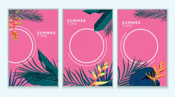 Vector illustration of Trendy summer tropical designs templates set. Vivid pink background with various tropical forest leaves. Best for invitations, party and promotion designs. Vector illustrations.