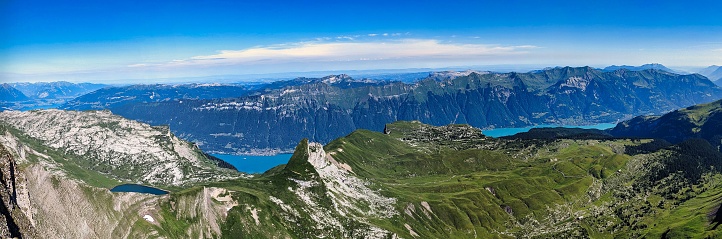 Mountain panorama from the Faulhorn. View of Hardergrat and Lake Brienz. Fantastic view. Hiking in the Swiss mountains. High quality photo