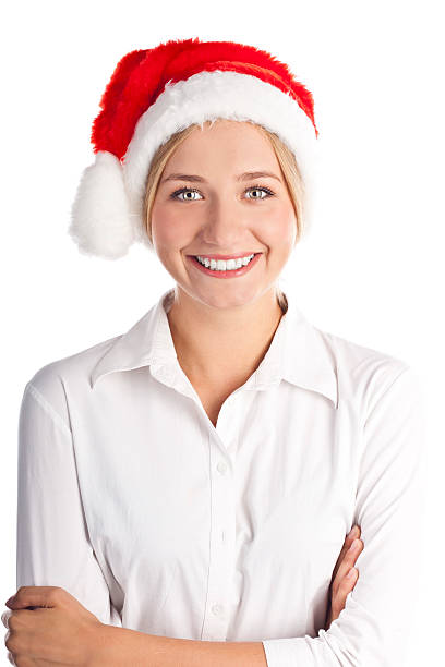 young woman in santa hat.スタジオ - human gender people women young women ストックフォトと画像