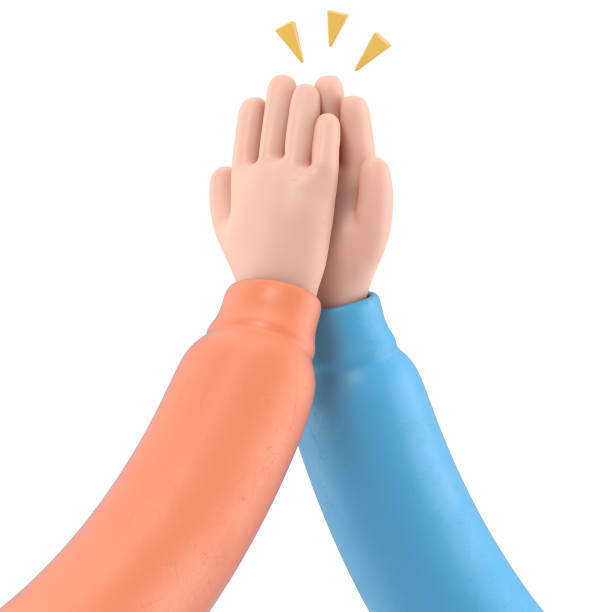 istock Cartoon Gesture Icon Mockup.Cartoon character hands High five gesture. Give me five. 3D rendering on white background. 1562462496