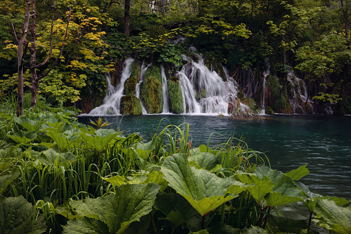 Majestic view on waterfall of Plitvice Lakes National Park in Croatia.