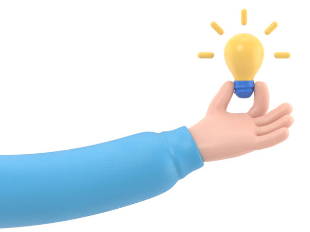 istock Cartoon Gesture Icon Mockup.3d icon hand holding light bulb gesture. cartoon great idea concept, 3D rendering on white background. 1562466215