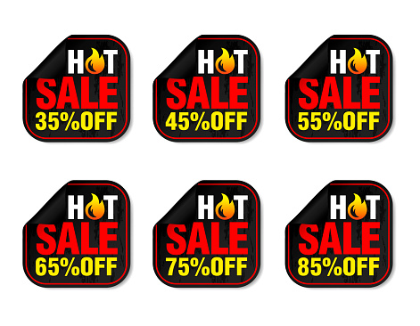 Hot sale black stickers set 35%, 45%, 55%, 65%, 75%, 85% off discount. Vector illustration