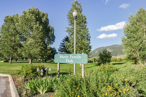 Murie Family Park outside Greater Yellowstone Visitor Center in Jackson Hole, Wyoming. The park is in memory of Olaus Johan Murie (1889-1963) who studied elk in the region.
