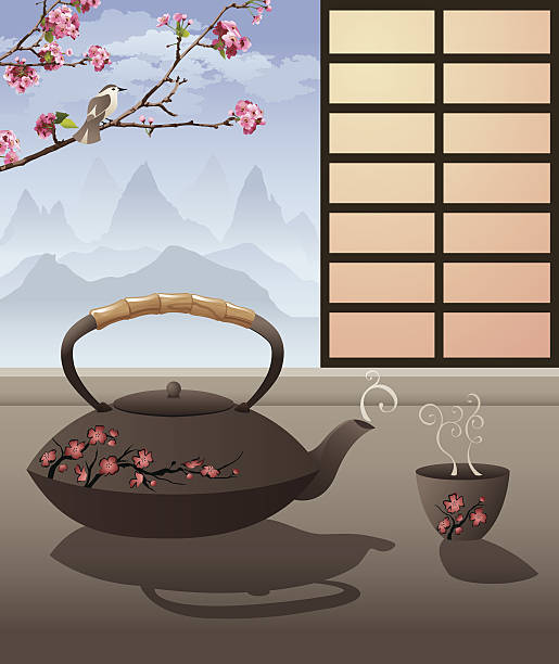 ilustraciones, imágenes clip art, dibujos animados e iconos de stock de hora del té - green tea cherry blossom china cup